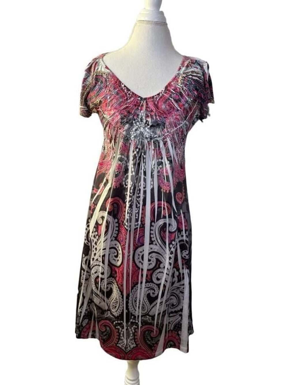 Apt. 9 V-Neck Short Sleeve Paisley Midi Dress Black Pink White
